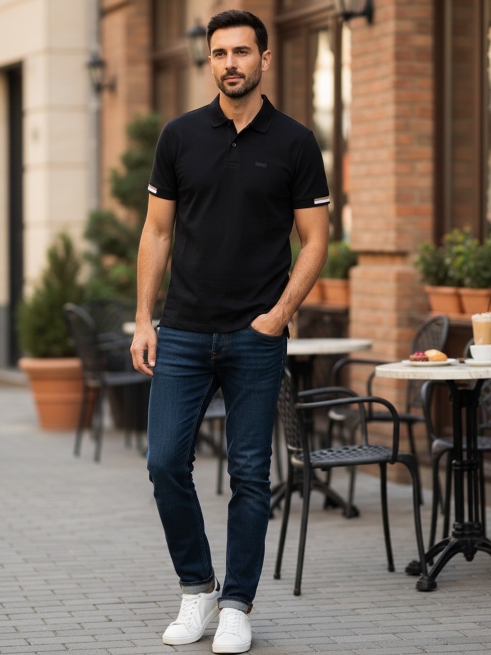 • Boss • Men's Black Polo Shirt with Contrast Sleeve Trim Medium